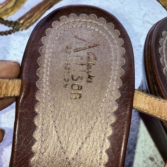 Brown and gold, leather wedge sandals - Picture 8 of 8